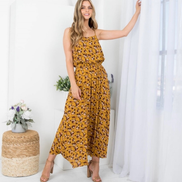 AUDREY 3+1 Mustard Floral Flounce Top Spaghetti Straps Maxi Dress - Picture 3 of 9